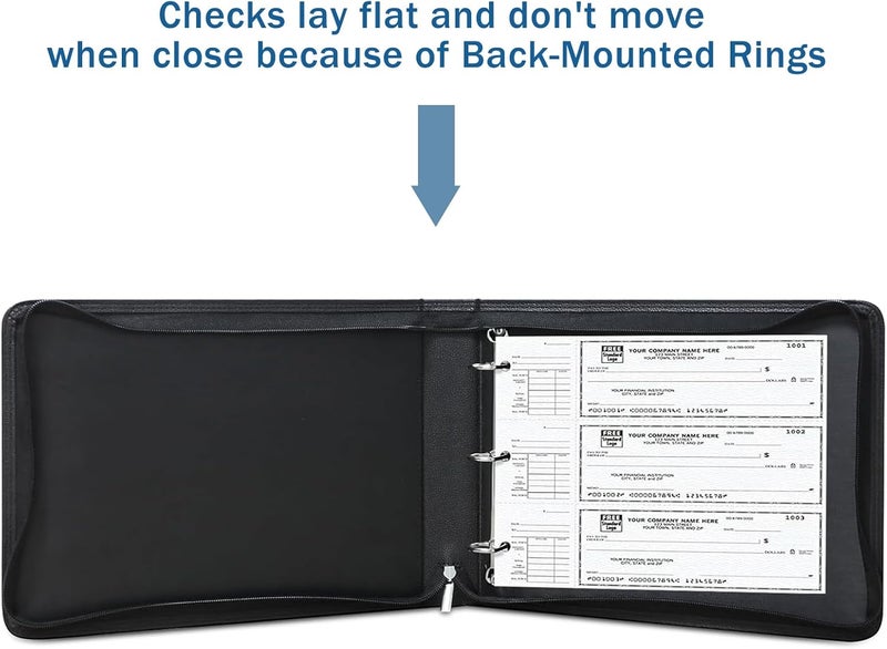 LLi Cufite 3 Rings Check Binder for End-Stub Deskbook Checks, Zipper Business Check Binder, 3 on a Page, Fit 3 & 9 Holes Check Faux Leather (9.5" x 12.6") (Black) - Image 2